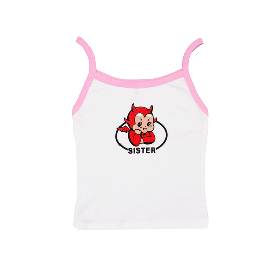Cute Devil Spaghetti Strap Tee- White/Pink